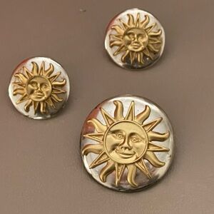 Gold and Silver Sun Face Brooch pendant and stud earrings set vintage